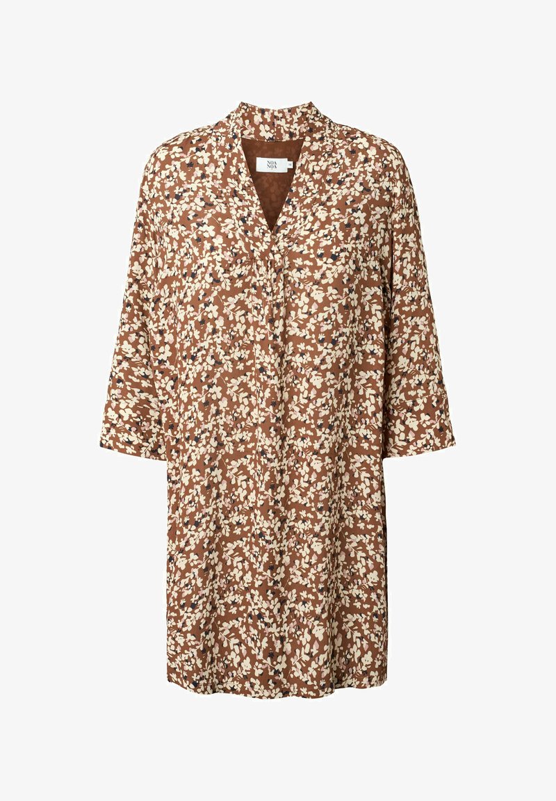 Rjava cvetna tunika s kratkimi rokavi, z v-izrezom, teksturirano blago in razpršeno dvobarvno vzorcem bež in mornarsko modrih rož.