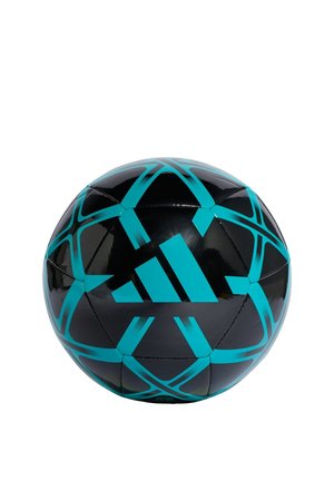 Schwarzer und türkisfarbener Adidas Fußball mit geometrischem Muster und Adidas-Logo in der Mitte auf weißem Hintergrund.