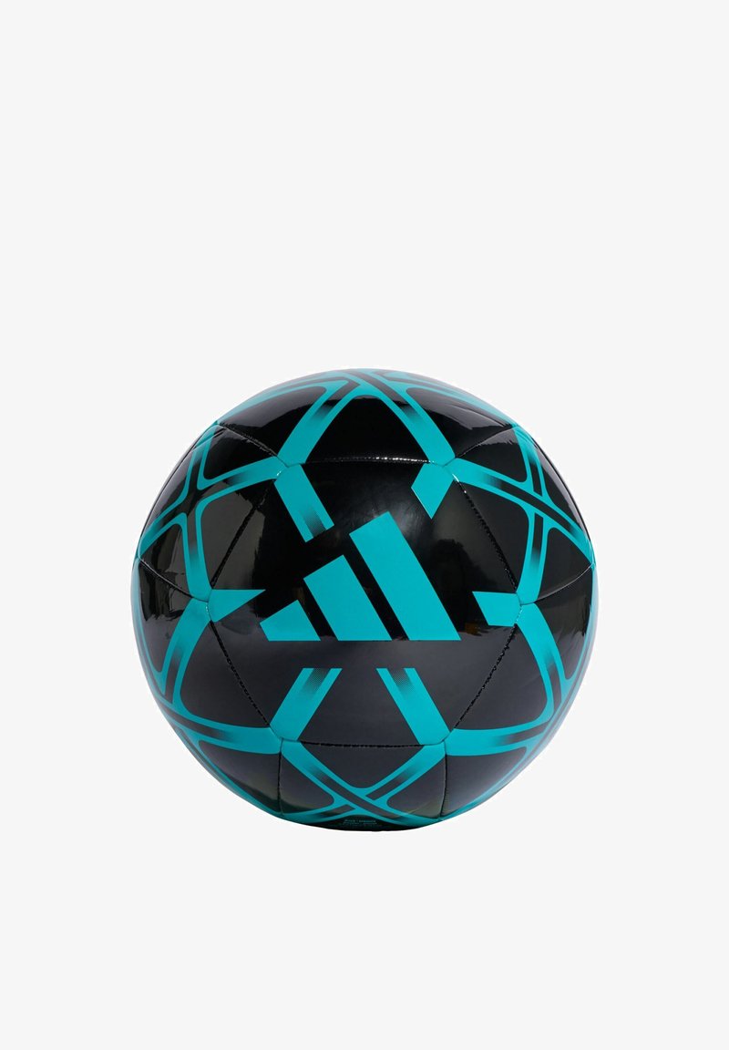 Ballon de football Adidas noir et bleu sarcelle avec un motif géométrique et le logo Adidas centré sur fond blanc.