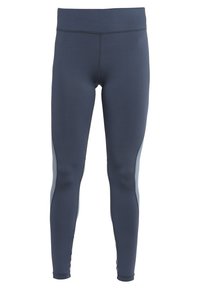 Leggings blu navy con una texture liscia, vita alta e pannelli laterali in grigio chiaro a contrasto. Presentano dettagli cuciti lungo le cuciture.