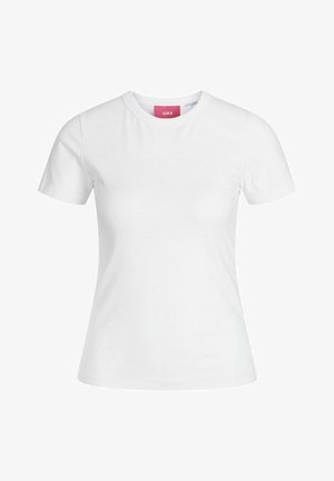 Camiseta blanca de algodón con mangas cortas y cuello redondo. Cuenta con una etiqueta rosa en el interior del cuello. Textura suave.