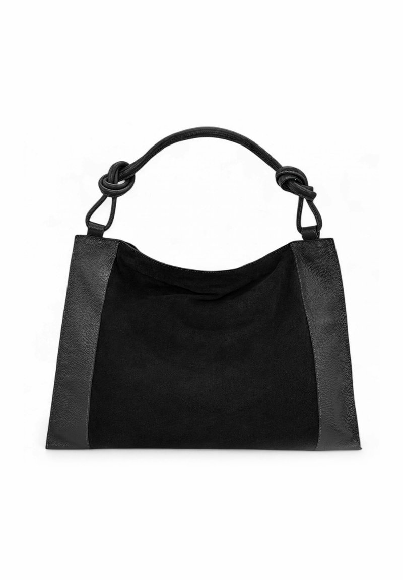 Sac à main en cuir suédé et en cuir noir avec une anse en cuir nouée, de forme rectangulaire et d'une structure douce et décontractée.