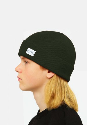Green ribbed knit beanie with a folded cuff and a small white tag featuring a logo, worn by a person with long hair.