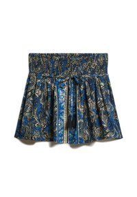 Jupe bleue à motif paisley avec taille smockée et cordon de serrage. Présente des accents métalliques et une silhouette évasée texturée.
