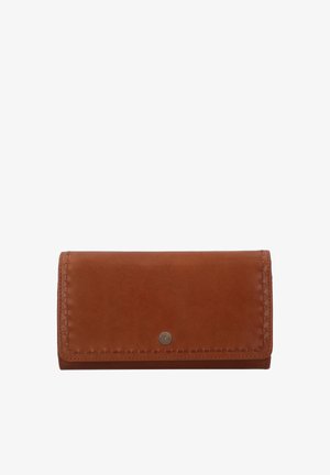 Braune Lederbrieftasche mit dekorativen Nähten und einem kleinen runden Metallknopf auf der Vorderklappe.