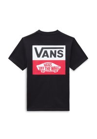 Camiseta de algodón negra con un gran logo de Vans en blanco y rojo, con un gráfico de patineta en la parte posterior. Diseño de mangas cortas y cuello redondo.
