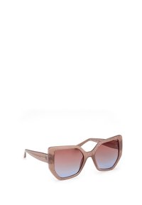 Lunettes de soleil surdimensionnées avec une monture à motif couleur miel et des verres dégradés rose à bleu. Forme angulaire avec des bords plats et des branches épaisses.
