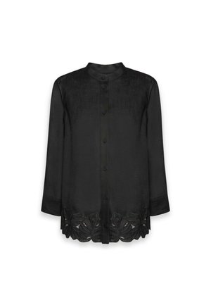 Sort langærmet bluse med knapper og mandarinkrave samt blademønster broderi langs kanten.