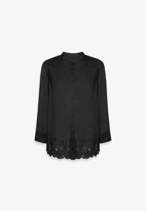 Black long-sleeve button-up blouse with mandarin collar and leaf-shaped cutout embroidery along the hem.
