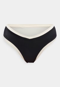 Μαύροι κάτω μέρος μαγιό με λευκή επένδυση και V-σχήμα ζώνη μέσης, αποτυπωμένοι επίπεδα σε λευκό φόντο.