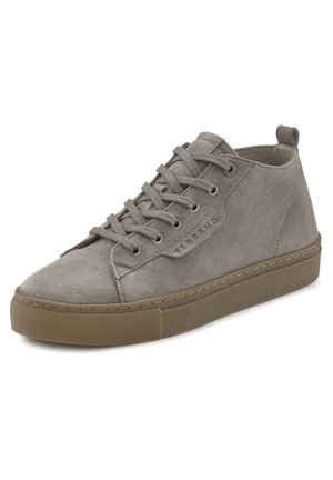 Gray suede high-top sneaker with round toe, lace-up closure, padded collar, rubber sole, and logo on the side.