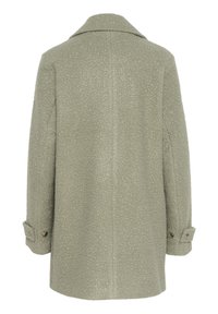 Olijfgroene textuurjacket met een notch-kraag, lange mouwen met knoopdetails en een relaxte pasvorm. Achteraanzicht weergegeven.