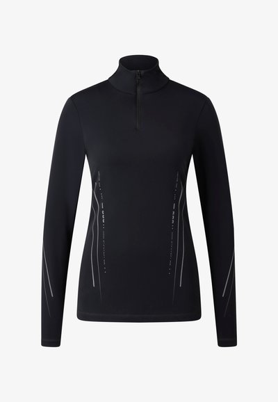 Top nero a maniche lunghe con colletto alto e zip a metà. Presenta linee riflettenti sul davanti per la visibilità. Realizzato in tessuto elasticizzato.