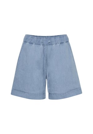 Light blue denim shorts with an elastic waistband, drawstring closure, and wide legs. Features folded cuffs and a smooth texture.