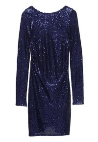 Tengerészkék flitteres ruha hosszú ujjal, kerek nyakkivágással és megkötős derék részlettel. Csillogó textúra az egész szöveten.