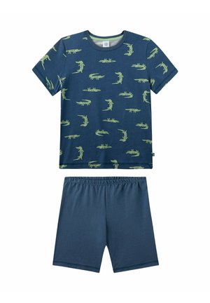 Marineblaue Kurzarmbluse mit grünen Krokodilmustern und passendem einfarbigem marineblauen elastischen Taillen-Shorts-Set.