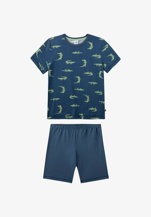 Navy blue short-sleeve shirt with green crocodile prints and matching plain navy blue elastic waist shorts set.