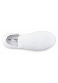 White slip-on shoe with a textured knit upper, elasticized collar, and a rounded toe. The insole features a brand logo.