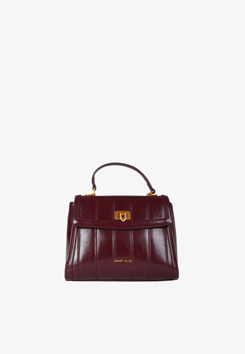 Borsa a mano in pelle color bordeaux con pannellature verticali, ferramenta dorata, manico superiore e chiusura magnetica; presenta il logo del marchio sulla parte anteriore.