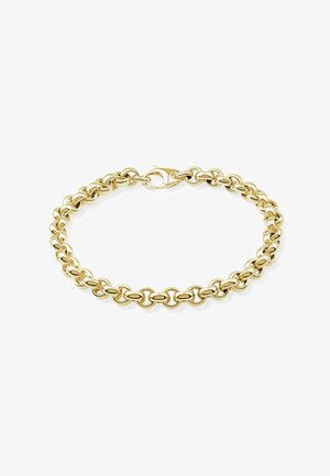Goldenes Kettenarmband mit ineinandergreifenden ovalen Gliedern und einem Karabinerverschluss auf weißem Hintergrund.