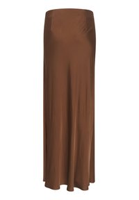Brun, gulvlange skjørt laget av glatt, lett stoff. Har en stram midje og et enkelt, uten pyntedesign.