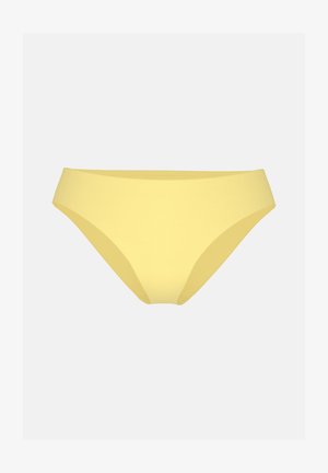 Gelbe nahtlose Damen-Bikinihose mit glatter Oberfläche vor schlichtem hellgrauem Hintergrund.