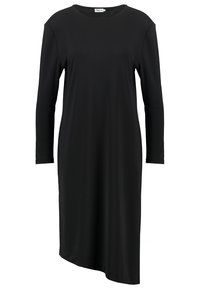 Mustassa pitkähihaisessa midi-mekossa on pyöreä kaula-aukko ja epäsymmetrinen helma. Se on valmistettu sileästä kankaasta ja esitetty valkoista taustaa vasten.