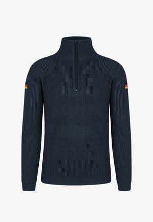 Navy blue zippered sweater with ribbed texture, high collar, and German flag accent on the sleeve. Soft knit material.