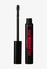 Tubo di mascara nero con un pennello appuntito. Presenta un testo rosa audace che dice "So Fierce! EYES WIDE OPEN Waterproof." Texture liscia, finitura lucida.