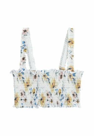 Biały krótki top z marszczeniami, falbankami na brzegach i regulowanymi ramiączkami, ozdobiony pastelowym wzorem kwiatowym w odcieniach żółci, niebieskiego i różu.