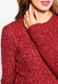 Red knit sweater with a textured cable pattern, featuring ribbed cuffs and a soft, fuzzy material. Close-up on the neckline and sleeve.