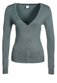 Svetr na zapínání v tlumené barvě modrozelené. V-čelní design, dlouhé rukávy, žebrované manžety a lem. Měkká, hladká textura s klasickým střihem.