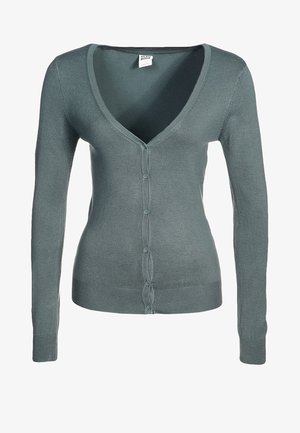 Svetr na zapínání v tlumené barvě modrozelené. V-čelní design, dlouhé rukávy, žebrované manžety a lem. Měkká, hladká textura s klasickým střihem.