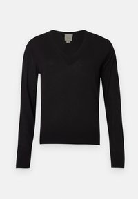 Pull col en V noir à manches longues, fabriqué en maille légère. Présente des détails bord-côte au niveau de l'encolure et de l'ourlet.