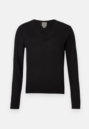 Pulover negru cu decolteu în V, cu mâneci lungi, realizat dintr-un material tricotat ușor. Prezintă detalii decolteu și tiv striat.