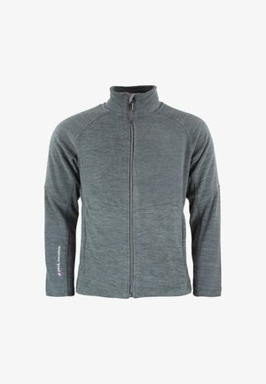 Grijze lange mouw ritssluiting jas met opstaande kraag, gestructureerde stof en merkembleem op de linker mouwboord.