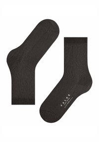 Coppia di calze grigio scuro a lunghezza media con polsini a costine, punte e talloni rinforzati, contrassegnate con la scritta "FALKE COSY WOOL" in bianco sulla suola.