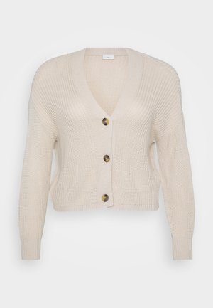 Cardigan tricotat crem cu decolteu în V, mâneci lungi și patru butoane mari maronii pe față; material texturat și croi scurt.