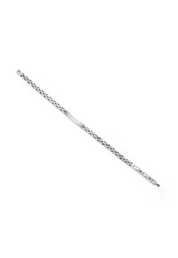 Bracciale in acciaio inox argentato con design intrecciato, maglia piatta rettangolare con dettaglio del logo e chiusura sicura.