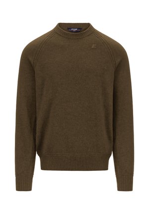 Maglione marrone lavorato a maglia con scollo rotondo, polsini e orlo a coste, e un dettaglio logo sottile sul petto. Texture morbida e vestibilità regolare.