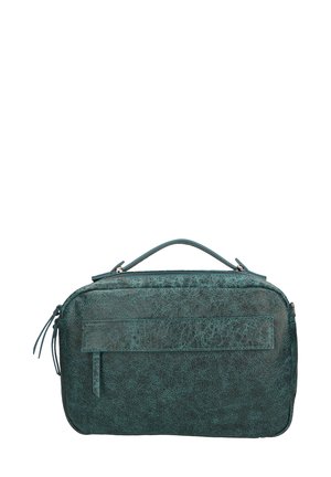 Sac en cuir teal avec une finition texturée, poignée supérieure, poche zippée à l'avant et coutures contrastées. Forme rectangulaire avec un minimum de matériel.