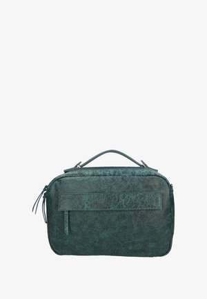 Borsa in pelle teal con finitura testurizzata, manico superiore, tasca frontale con zip e cuciture a contrasto. Forma rettangolare con hardware minimal.