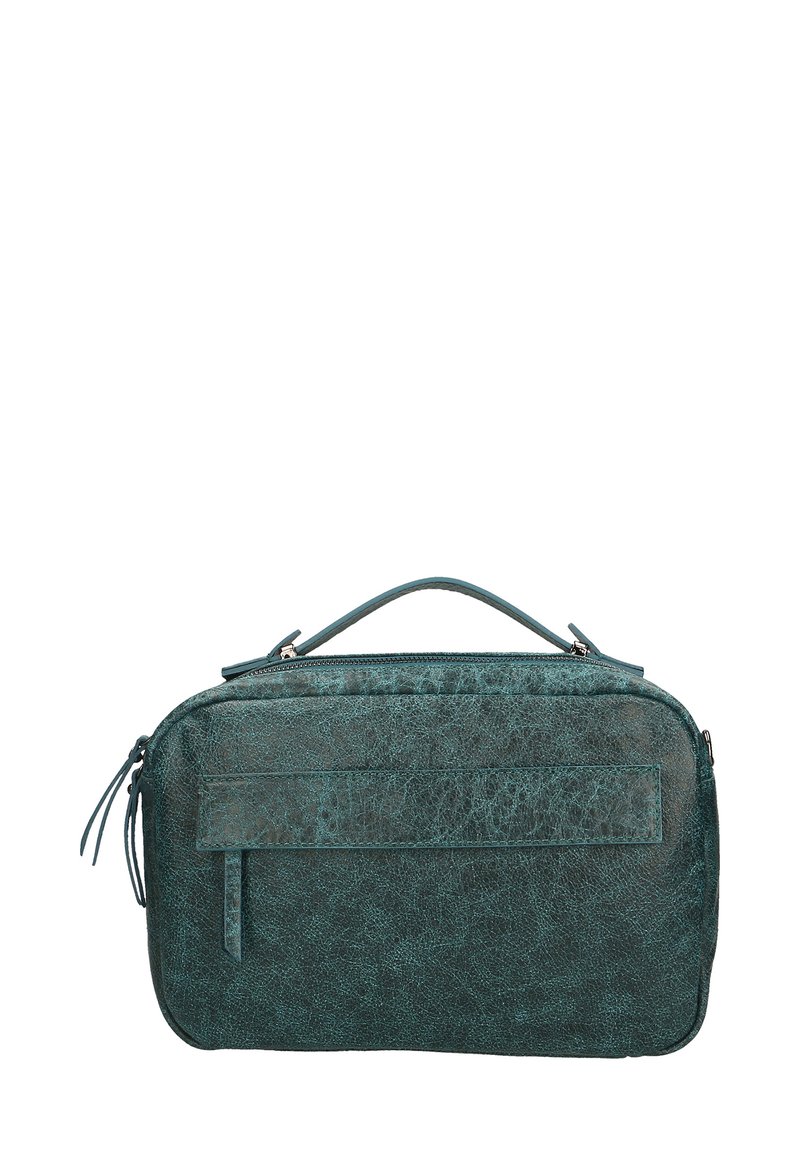Borsa in pelle teal con finitura testurizzata, manico superiore, tasca frontale con zip e cuciture a contrasto. Forma rettangolare con hardware minimal.