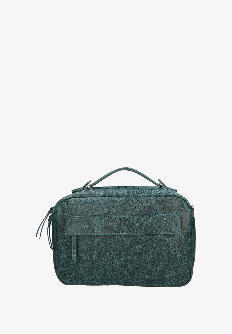 Teal leren tas met een gestructureerde afwerking, handvat bovenop, voorzak met rits en contrasterende stiksels. Rechthoekige vorm met minimale hardware.