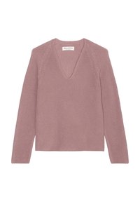 Maglione a coste in rosa polveroso; presenta una scollatura a V, maniche lunghe e una vestibilità rilassata. Texture morbida con leggera elasticità.
