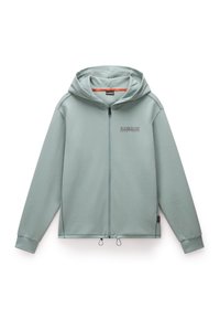 Felpa con zip in tessuto verde chiaro, dotata di cappuccio, tasche laterali, polsini a costine e un piccolo logo stampato sul petto.