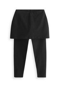 Schwarze, mehrschichtige Leggings mit einer eng anliegenden Leggings-Basis und einem breiten Rock-Overlay. Aus weichem, dehnbarem Material, das sich gut für aktive Freizeitbekleidung eignet.