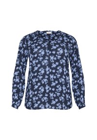 Blusa de manga larga en tono navy con un patrón floral azul claro, escote en forma de V y corte relajado. Tejido suave con una textura ligeramente transparente.