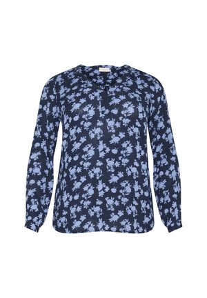 Marineblauwe blouse met lange mouwen, lichtblauw floral patroon, v-hals en een relaxed fit. Glad materiaal met een licht doorschijnende textuur.