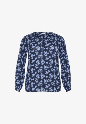 Navy long-sleeve blouse with light blue floral pattern, v-neckline, and relaxed fit. Smooth fabric with a slightly sheer texture.